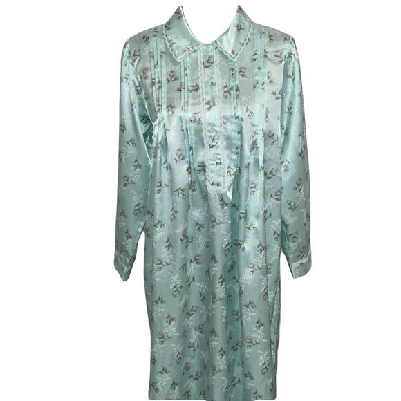 Miss Elaine Intimates Cuddleskin Satin Pintucked Green Nightgown Lace S Grandma - Picture 1 of 5
